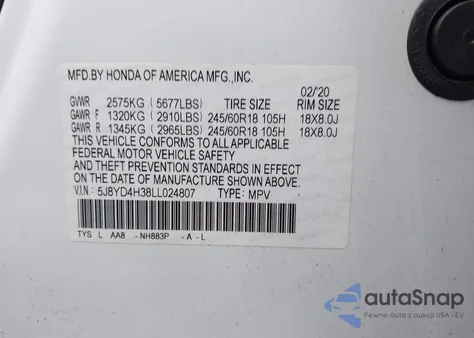 2020 Acura Mdx Standard from USA, damaged, VIN 5J8YD4H38LL024807